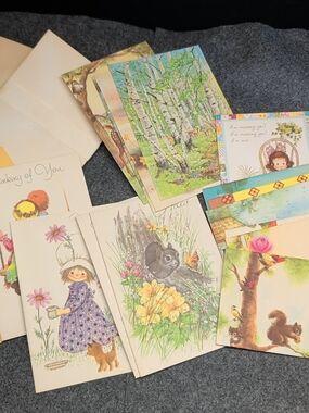 Vintage Illustrated Greeting Card Lot - Floral & Woodland Scenes